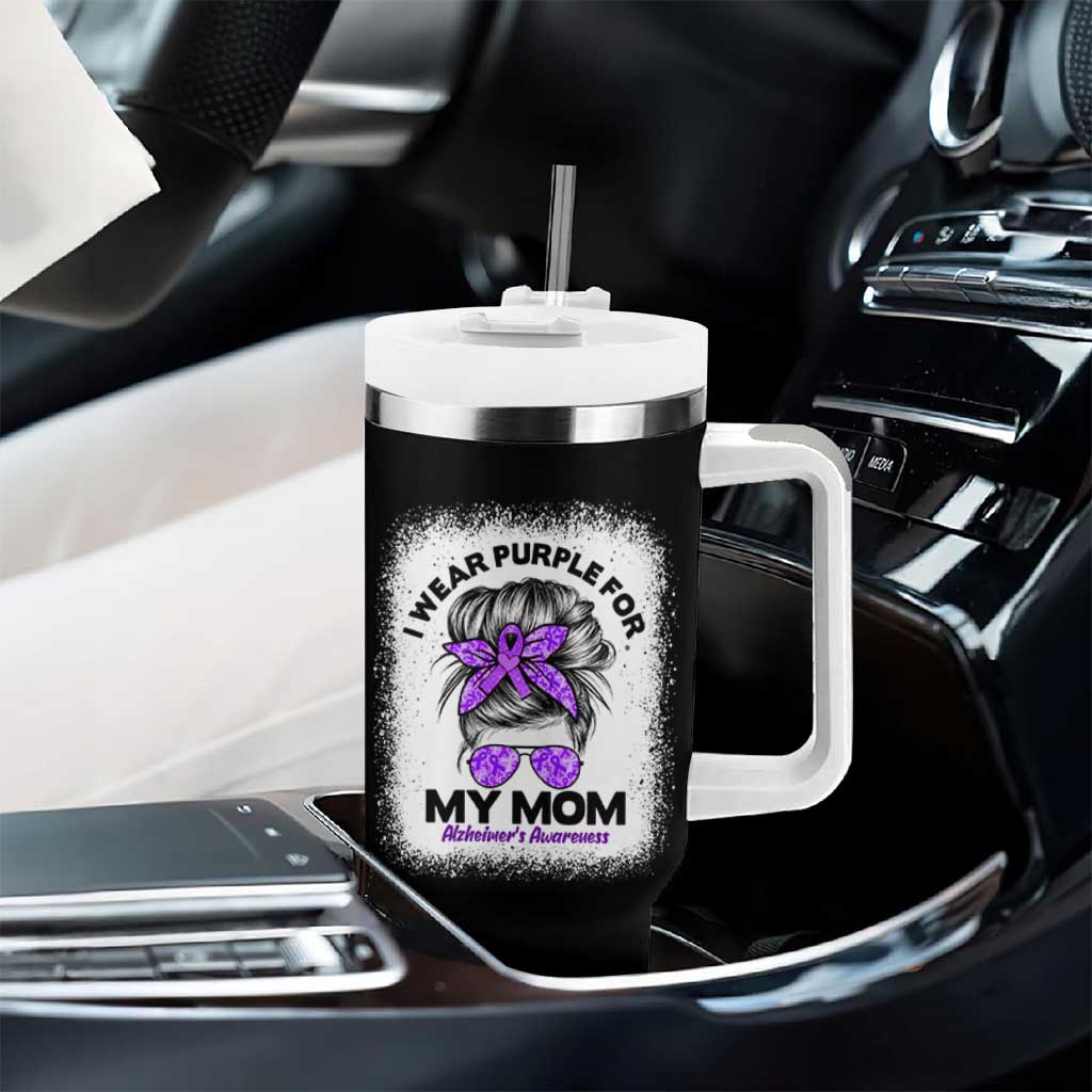 I Wear Purple For My Mom Tumbler With Handle Alzheimers Awareness Messy Bun Graphic