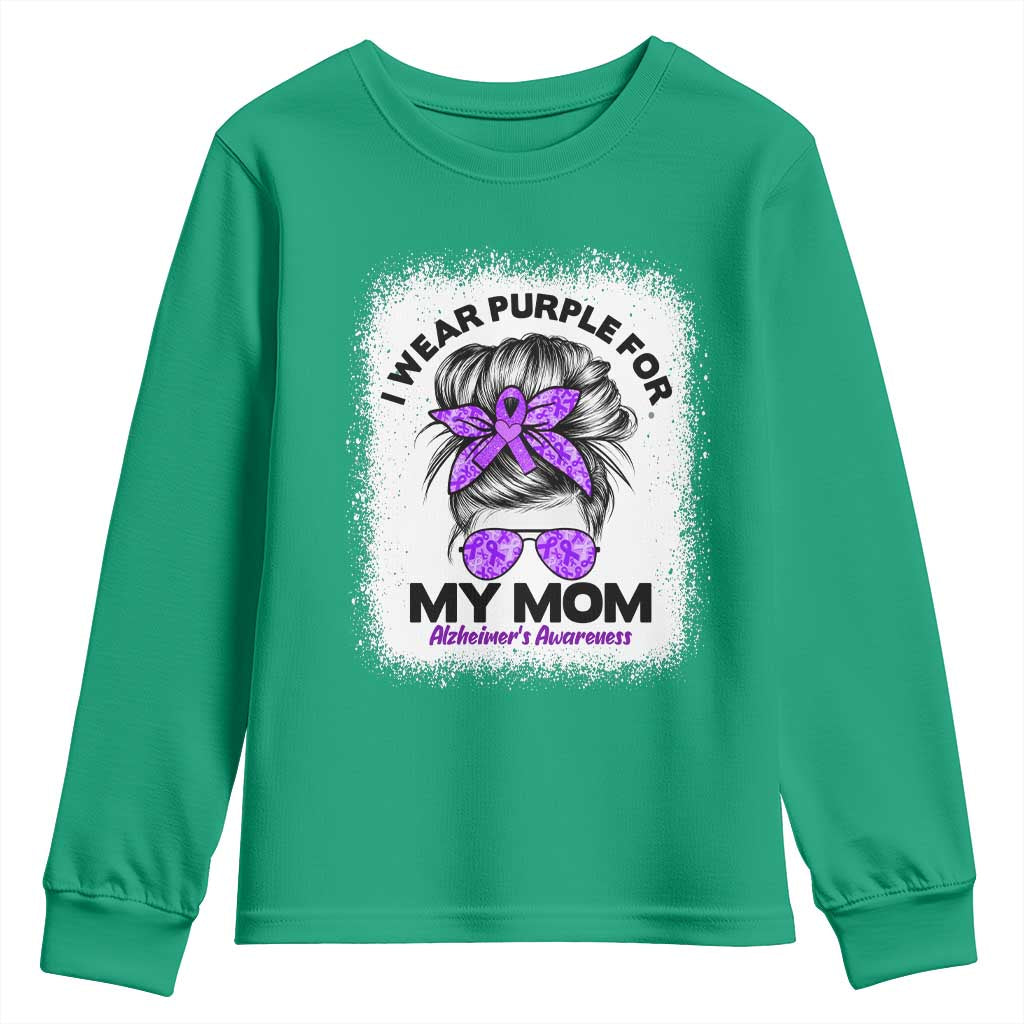 I Wear Purple For My Mom Youth Sweatshirt Alzheimers Awareness Messy Bun Graphic