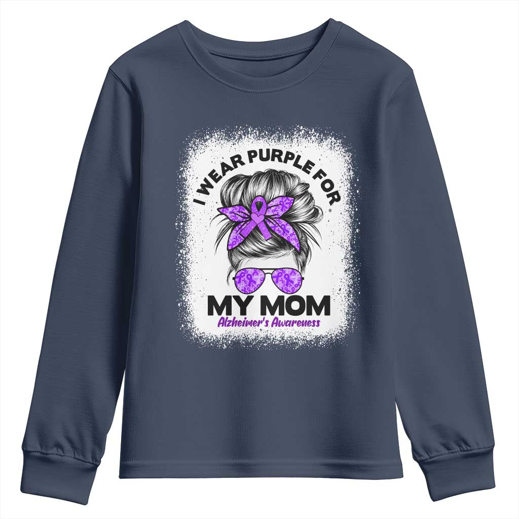 I Wear Purple For My Mom Youth Sweatshirt Alzheimers Awareness Messy Bun Graphic