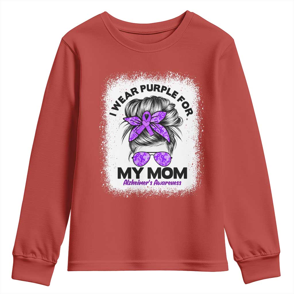 I Wear Purple For My Mom Youth Sweatshirt Alzheimers Awareness Messy Bun Graphic
