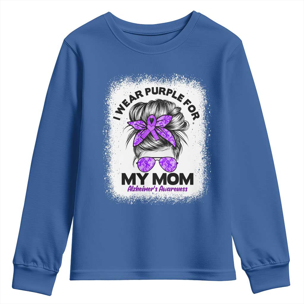 I Wear Purple For My Mom Youth Sweatshirt Alzheimers Awareness Messy Bun Graphic