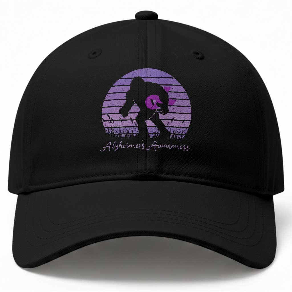 Vintage Bigfoot Alzheimers Awareness Baseball Cap Purple Ribbon Support Graphic