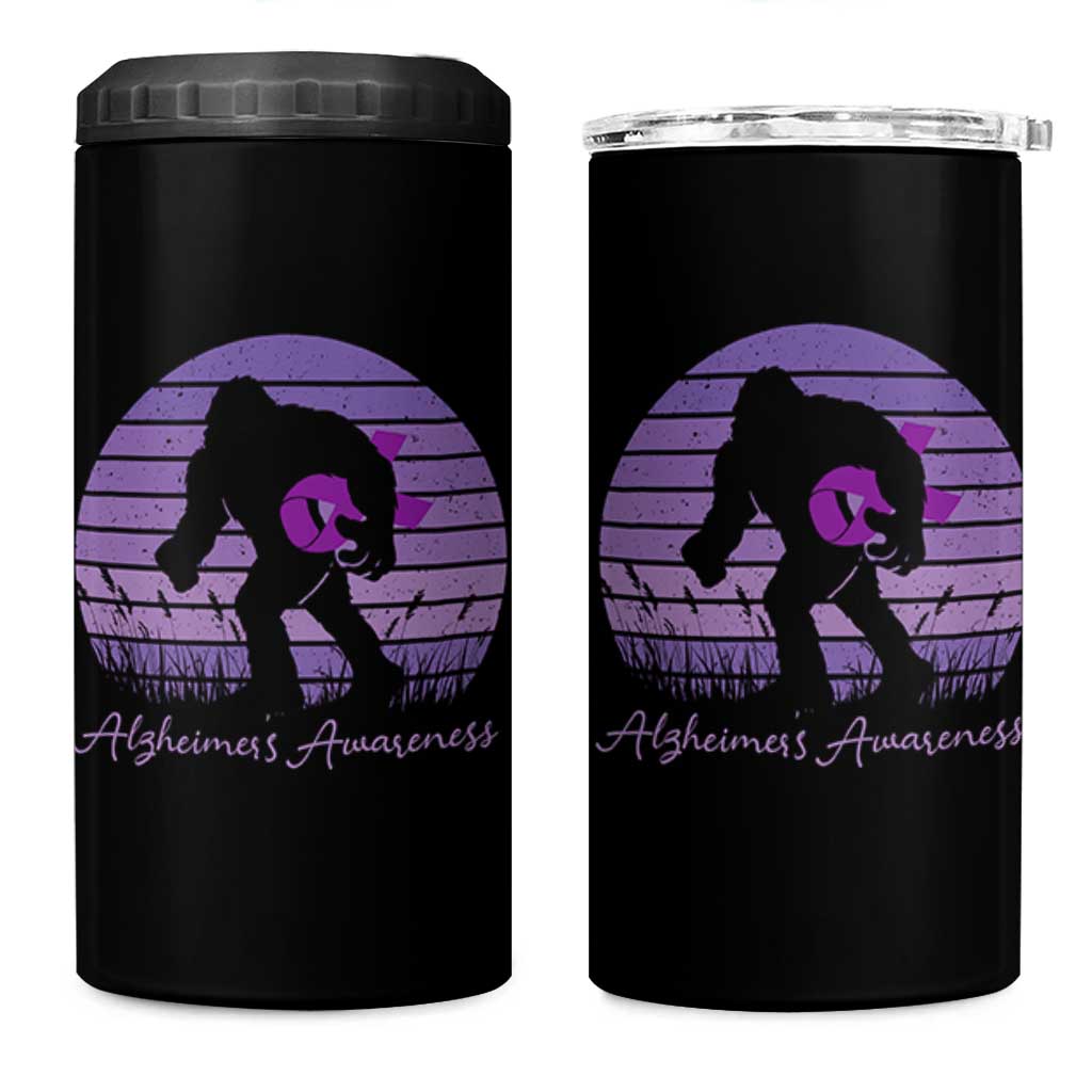 Vintage Bigfoot Alzheimers Awareness 4 in 1 Can Cooler Tumbler Purple Ribbon Support Graphic