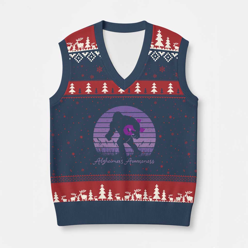 Vintage Bigfoot Alzheimers Awareness V-Neck Knit Sweater Vest Purple Ribbon Support Graphic