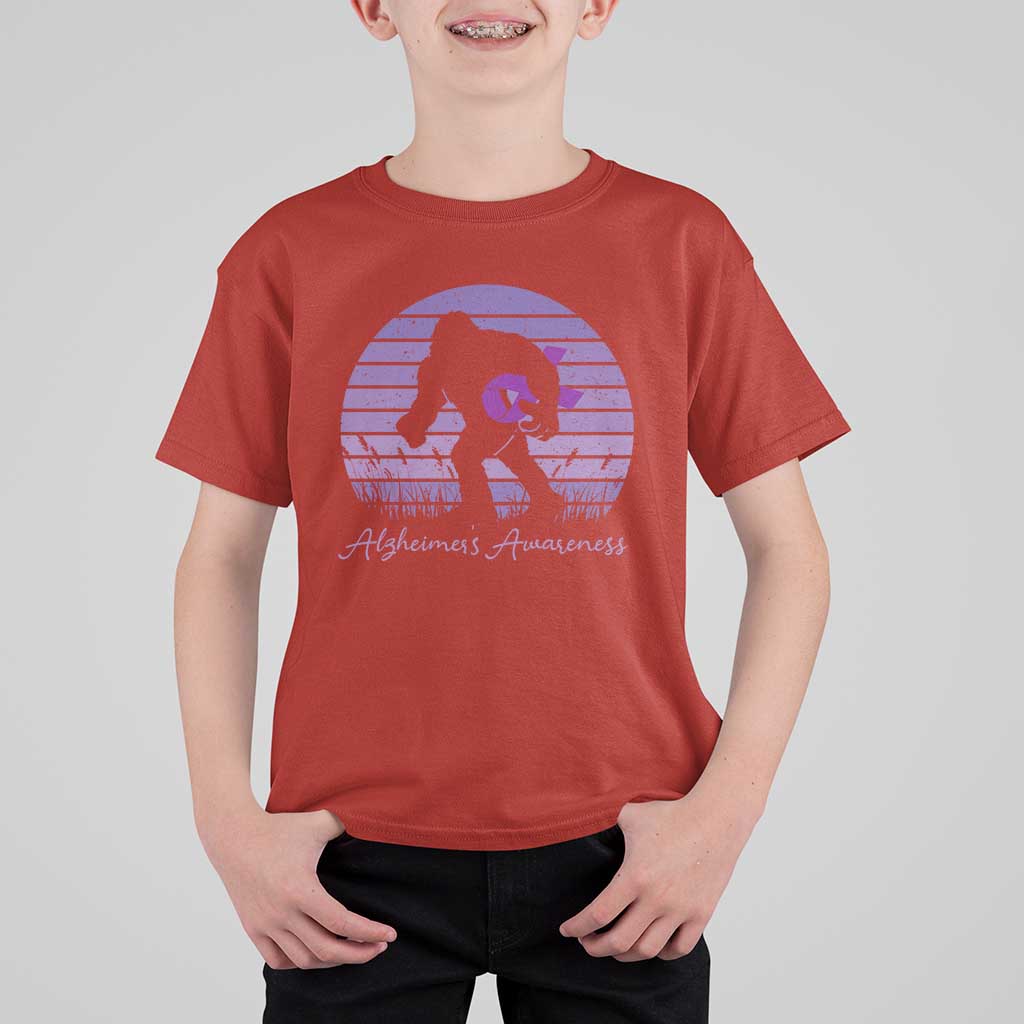 Vintage Bigfoot Alzheimers Awareness T Shirt For Kid Purple Ribbon Support Graphic