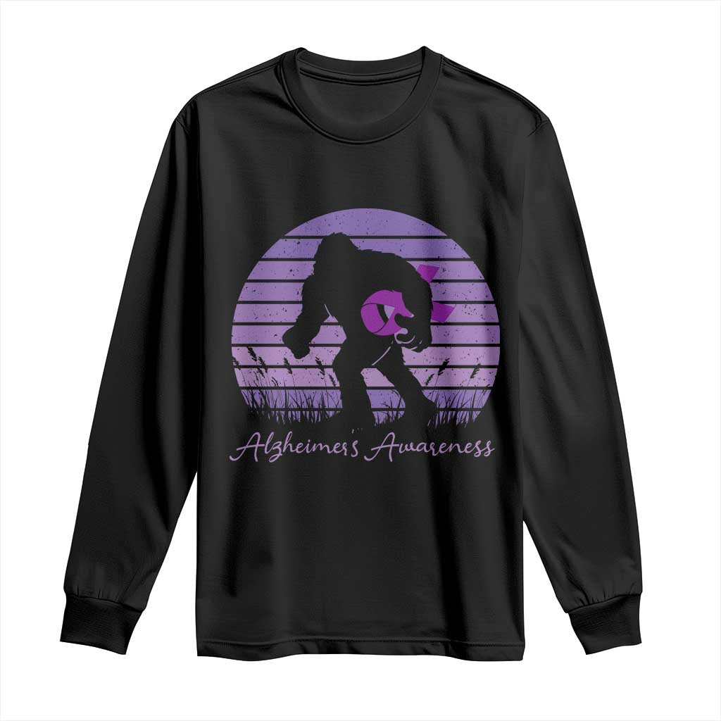 Vintage Bigfoot Alzheimers Awareness Long Sleeve Shirt Purple Ribbon Support Graphic