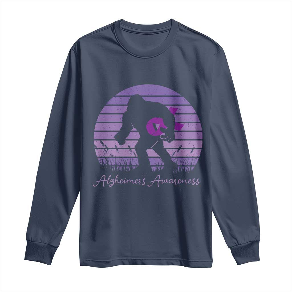 Vintage Bigfoot Alzheimers Awareness Long Sleeve Shirt Purple Ribbon Support Graphic