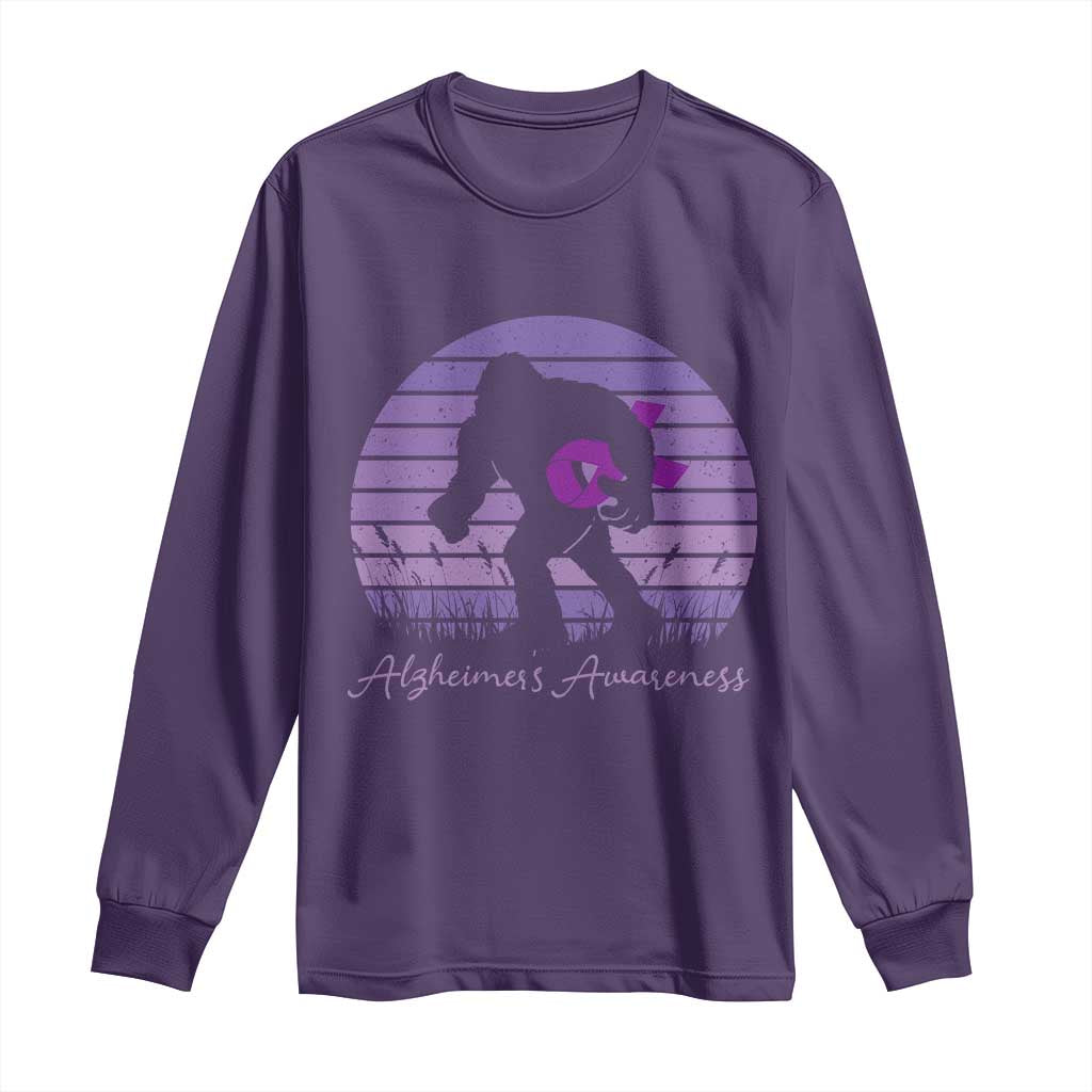 Vintage Bigfoot Alzheimers Awareness Long Sleeve Shirt Purple Ribbon Support Graphic