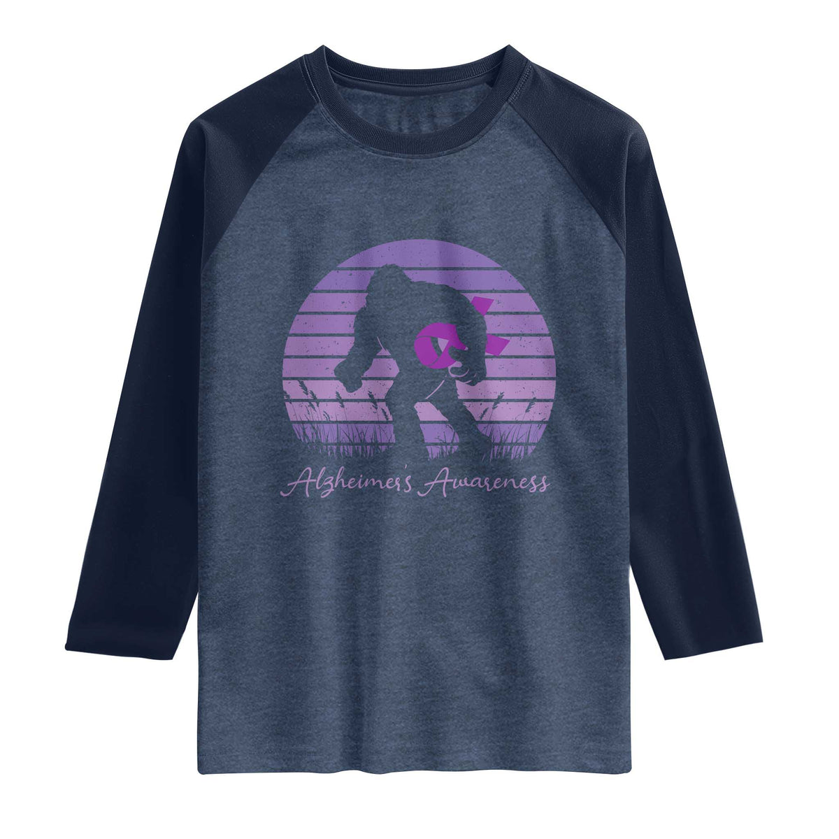 Vintage Bigfoot Alzheimers Awareness Raglan Shirt Purple Ribbon Support Graphic