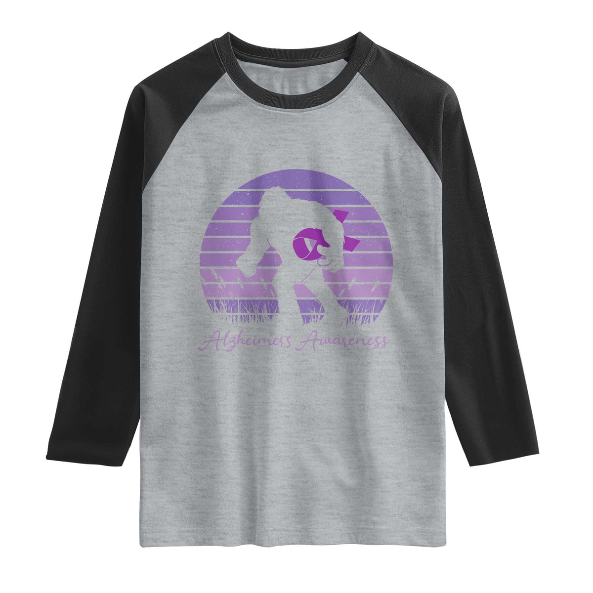 Vintage Bigfoot Alzheimers Awareness Raglan Shirt Purple Ribbon Support Graphic