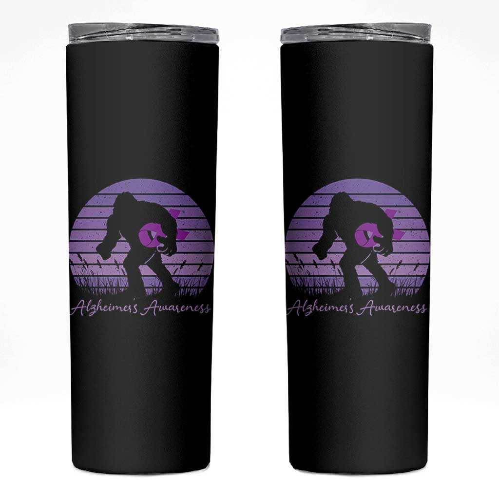 Vintage Bigfoot Alzheimers Awareness Skinny Tumbler Purple Ribbon Support Graphic