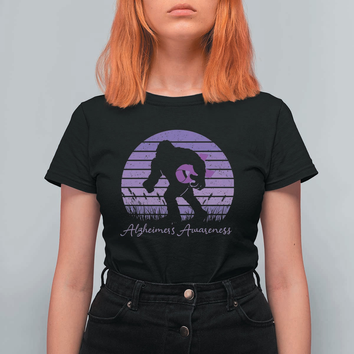 Vintage Bigfoot Alzheimers Awareness T Shirt For Women Purple Ribbon Support Graphic