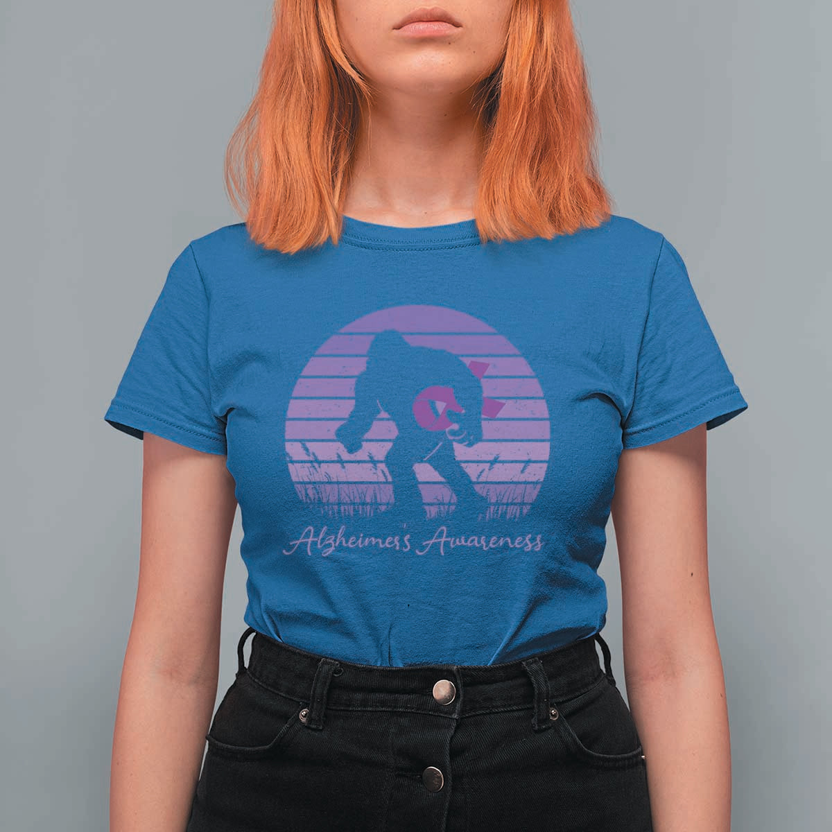 Vintage Bigfoot Alzheimers Awareness T Shirt For Women Purple Ribbon Support Graphic