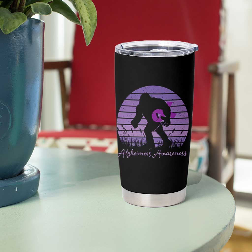 Vintage Bigfoot Alzheimers Awareness Tumbler Cup Purple Ribbon Support Graphic