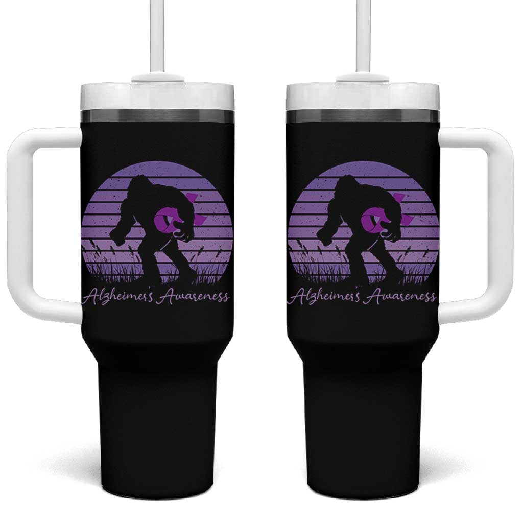 Vintage Bigfoot Alzheimers Awareness Tumbler With Handle Purple Ribbon Support Graphic