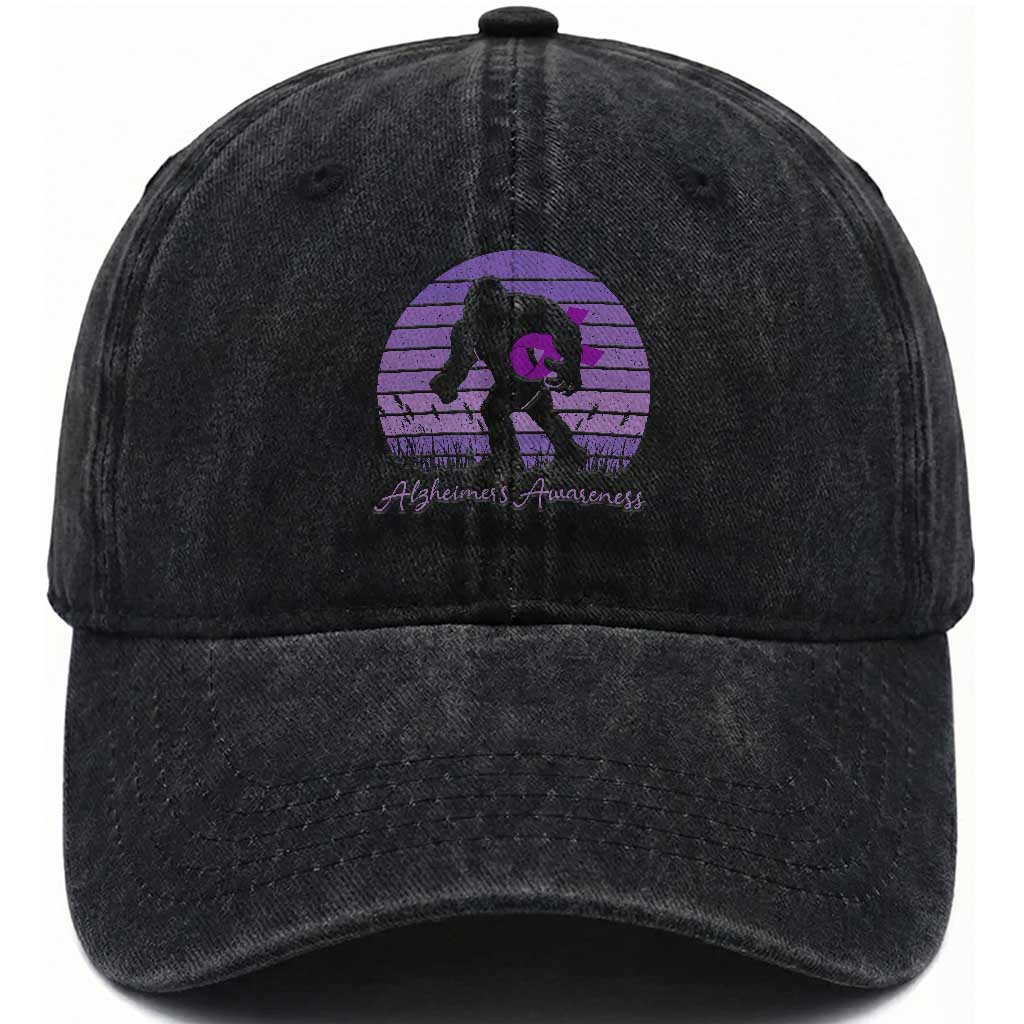 Vintage Bigfoot Alzheimers Awareness Washed Cotton Baseball Cap Purple Ribbon Support Graphic