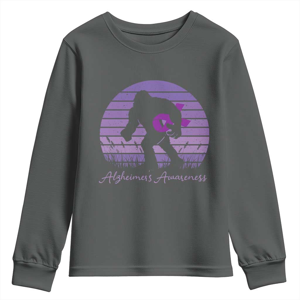 Vintage Bigfoot Alzheimers Awareness Youth Sweatshirt Purple Ribbon Support Graphic