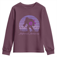 Vintage Bigfoot Alzheimers Awareness Youth Sweatshirt Purple Ribbon Support Graphic