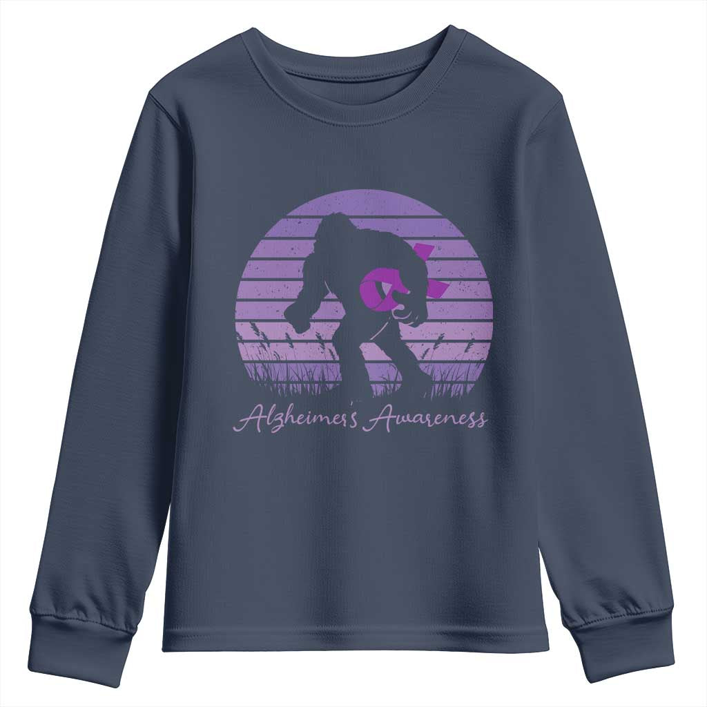 Vintage Bigfoot Alzheimers Awareness Youth Sweatshirt Purple Ribbon Support Graphic