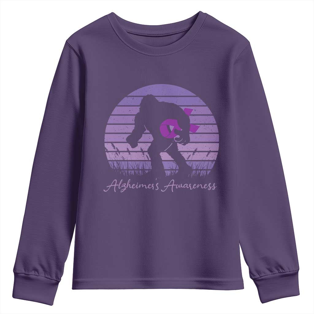 Vintage Bigfoot Alzheimers Awareness Youth Sweatshirt Purple Ribbon Support Graphic