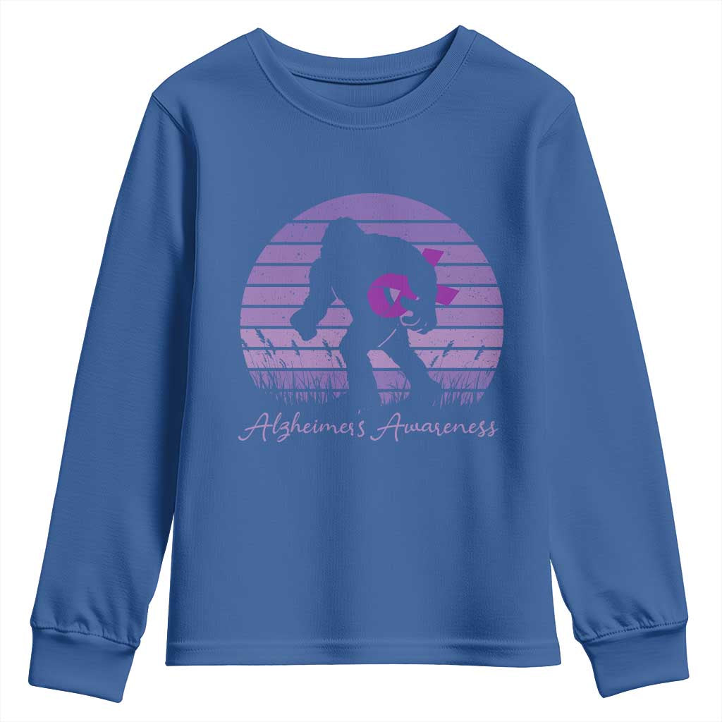 Vintage Bigfoot Alzheimers Awareness Youth Sweatshirt Purple Ribbon Support Graphic