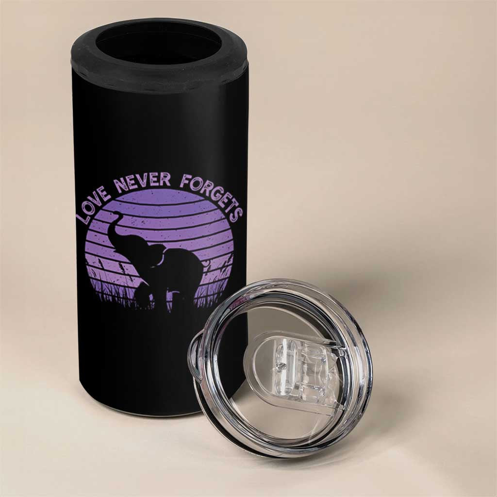 Alzheimer's Awareness Support 4 in 1 Can Cooler Tumbler Vintage Elephant Love Never Forgets