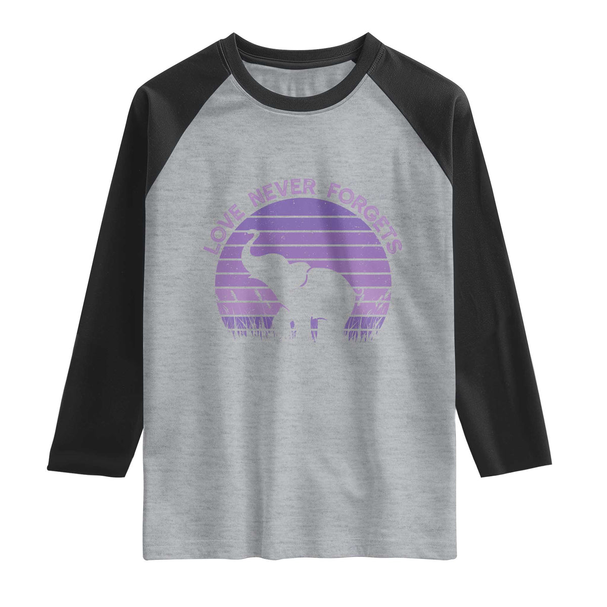 Alzheimer's Awareness Support Raglan Shirt Vintage Elephant Love Never Forgets