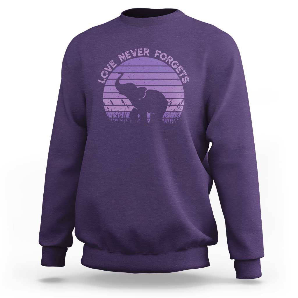 Alzheimer's Awareness Support Sweatshirt Vintage Elephant Love Never Forgets