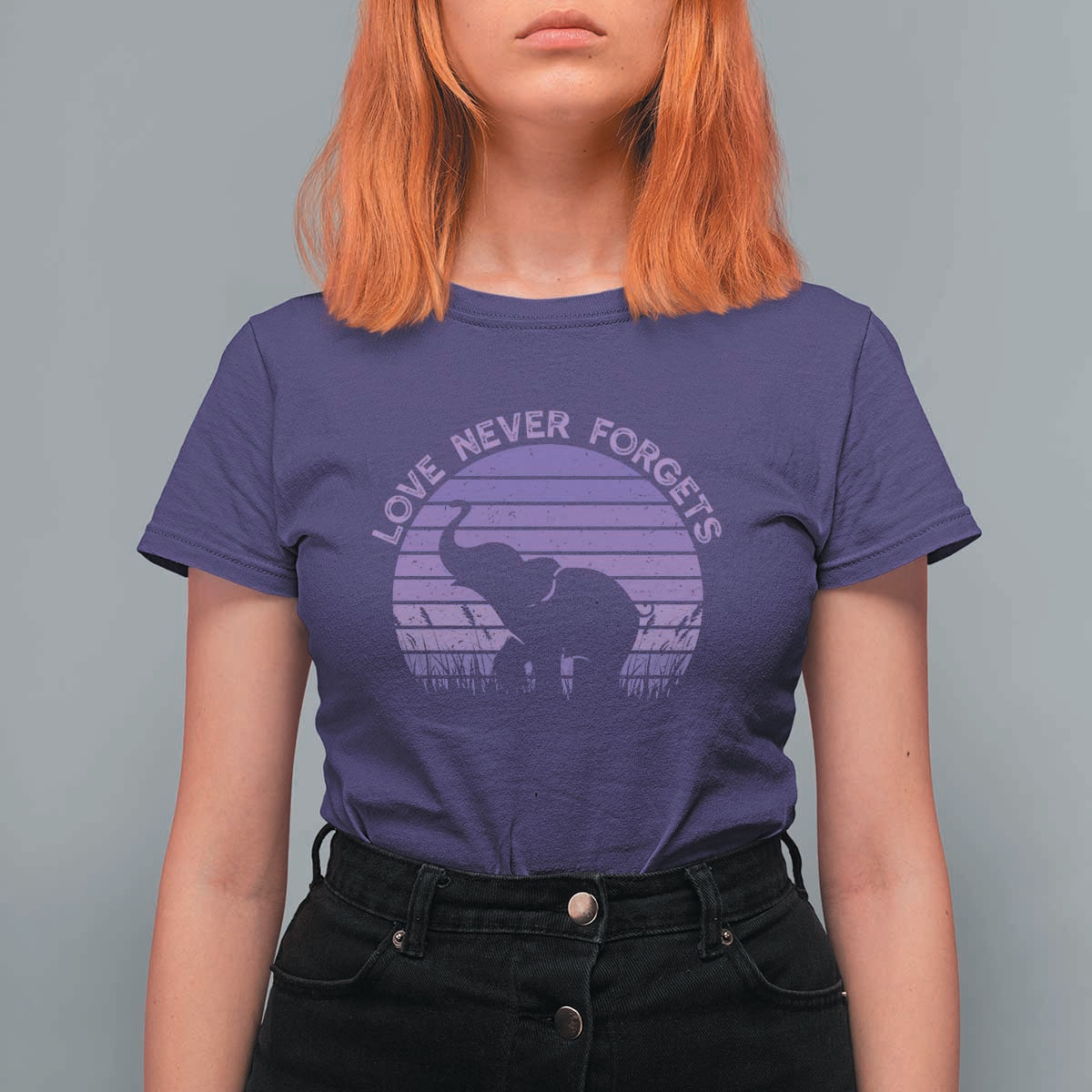 Alzheimer's Awareness Support T Shirt For Women Vintage Elephant Love Never Forgets