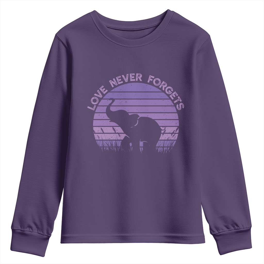 Alzheimer's Awareness Support Youth Sweatshirt Vintage Elephant Love Never Forgets
