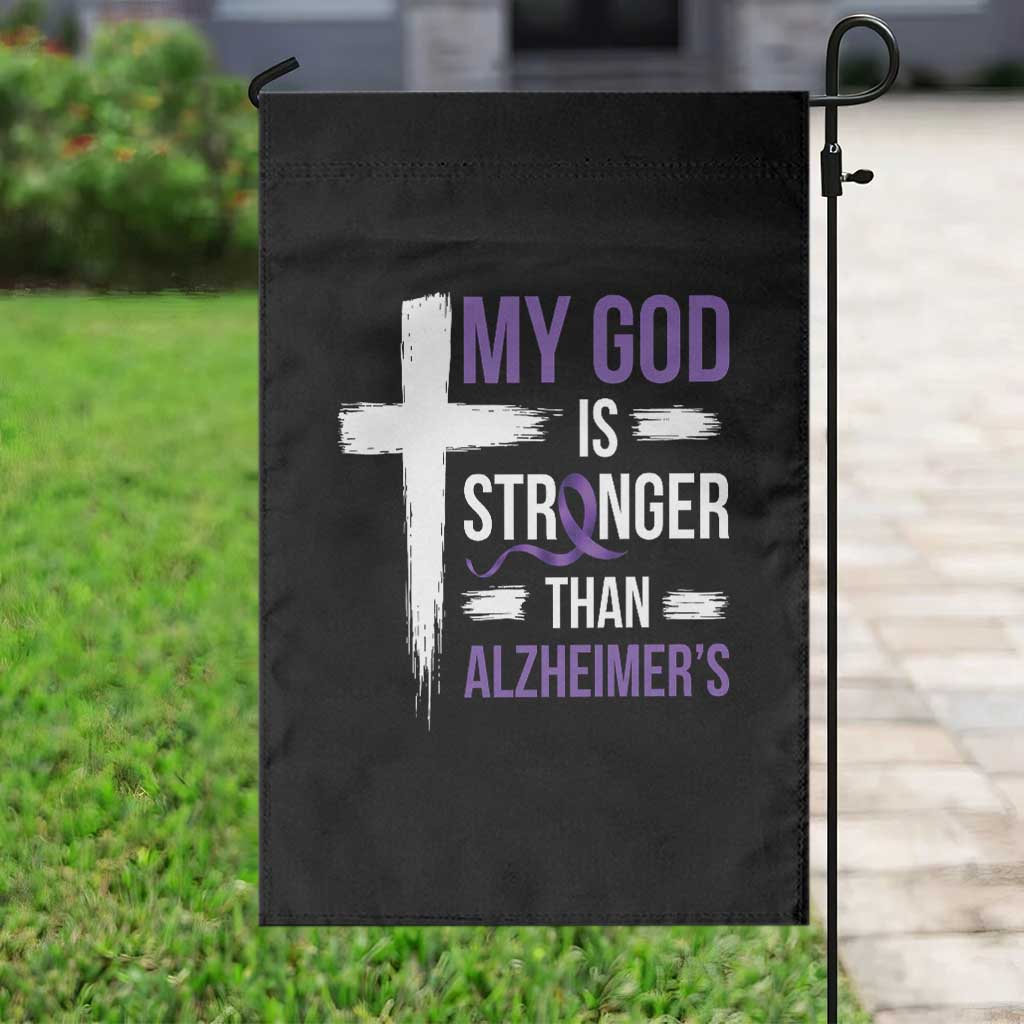 My God Is Stronger Than Alzheimers Garden Flag Christian Purple Ribbon Faith Support