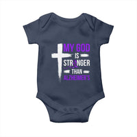 My God Is Stronger Than Alzheimers Baby Onesie Christian Purple Ribbon Faith Support