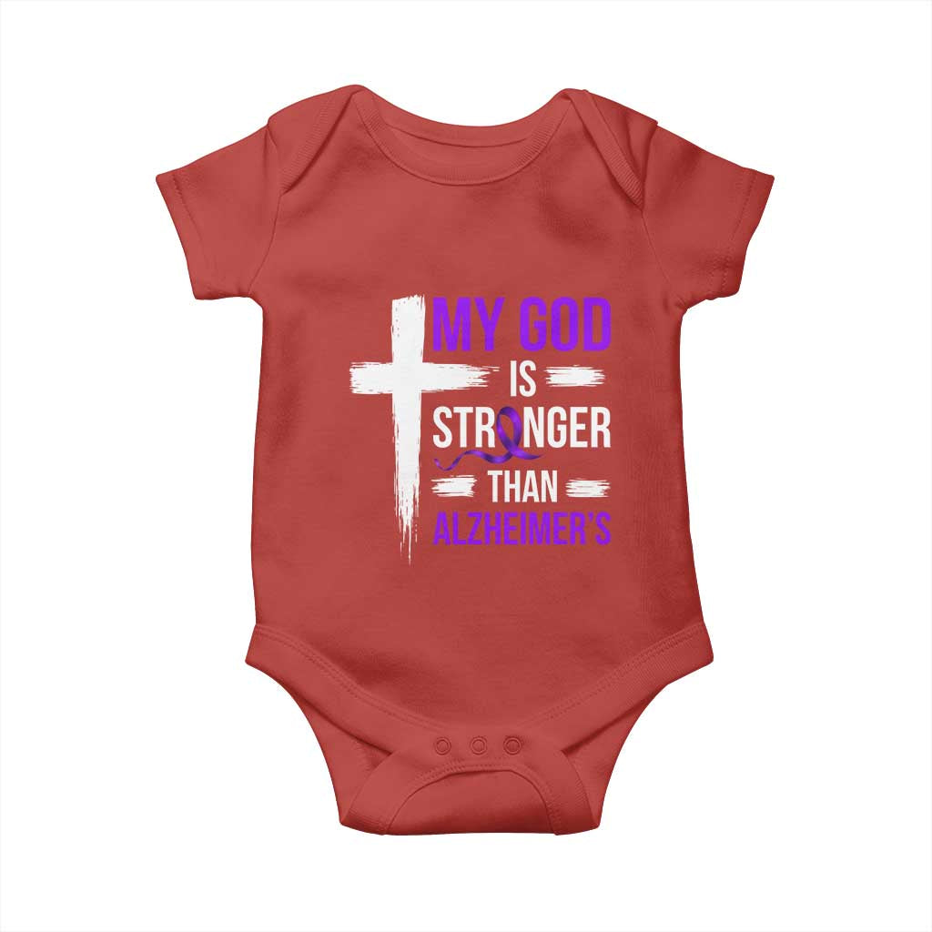 My God Is Stronger Than Alzheimers Baby Onesie Christian Purple Ribbon Faith Support