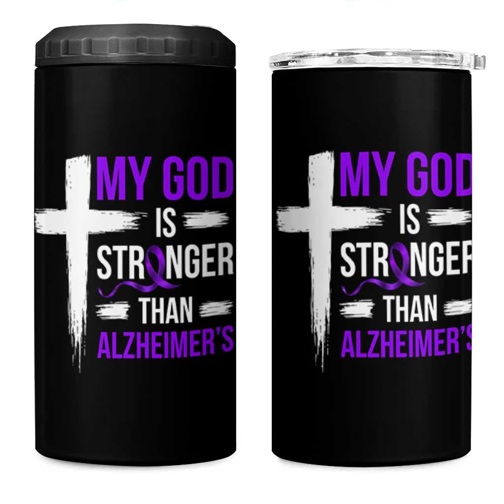My God Is Stronger Than Alzheimers 4 in 1 Can Cooler Tumbler Christian Purple Ribbon Faith Support