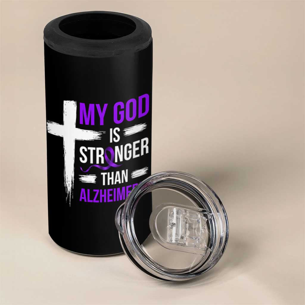 My God Is Stronger Than Alzheimers 4 in 1 Can Cooler Tumbler Christian Purple Ribbon Faith Support