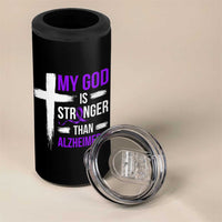 My God Is Stronger Than Alzheimers 4 in 1 Can Cooler Tumbler Christian Purple Ribbon Faith Support