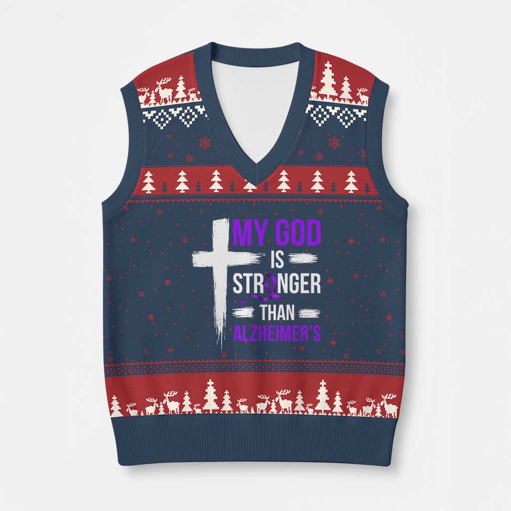 My God Is Stronger Than Alzheimers V-Neck Knit Sweater Vest Christian Purple Ribbon Faith Support