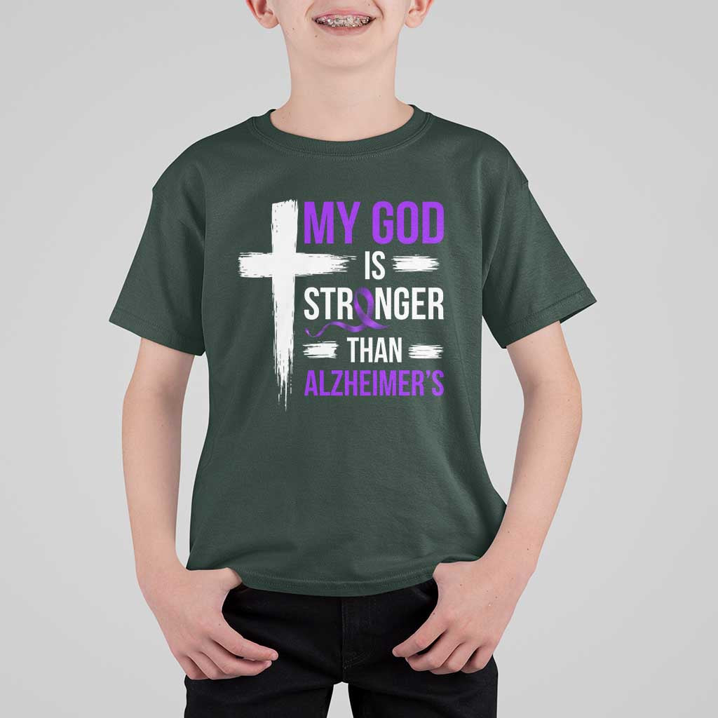 My God Is Stronger Than Alzheimers T Shirt For Kid Christian Purple Ribbon Faith Support