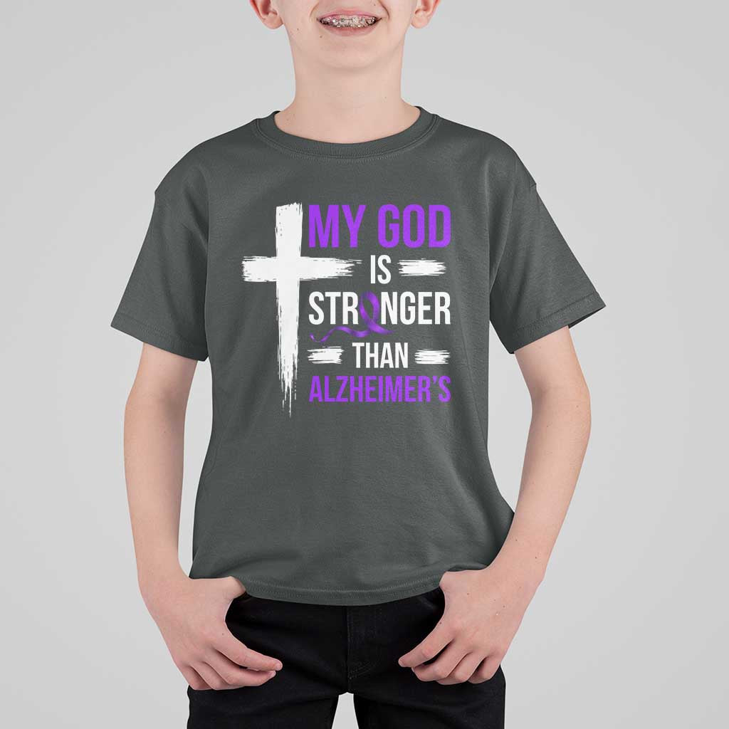 My God Is Stronger Than Alzheimers T Shirt For Kid Christian Purple Ribbon Faith Support