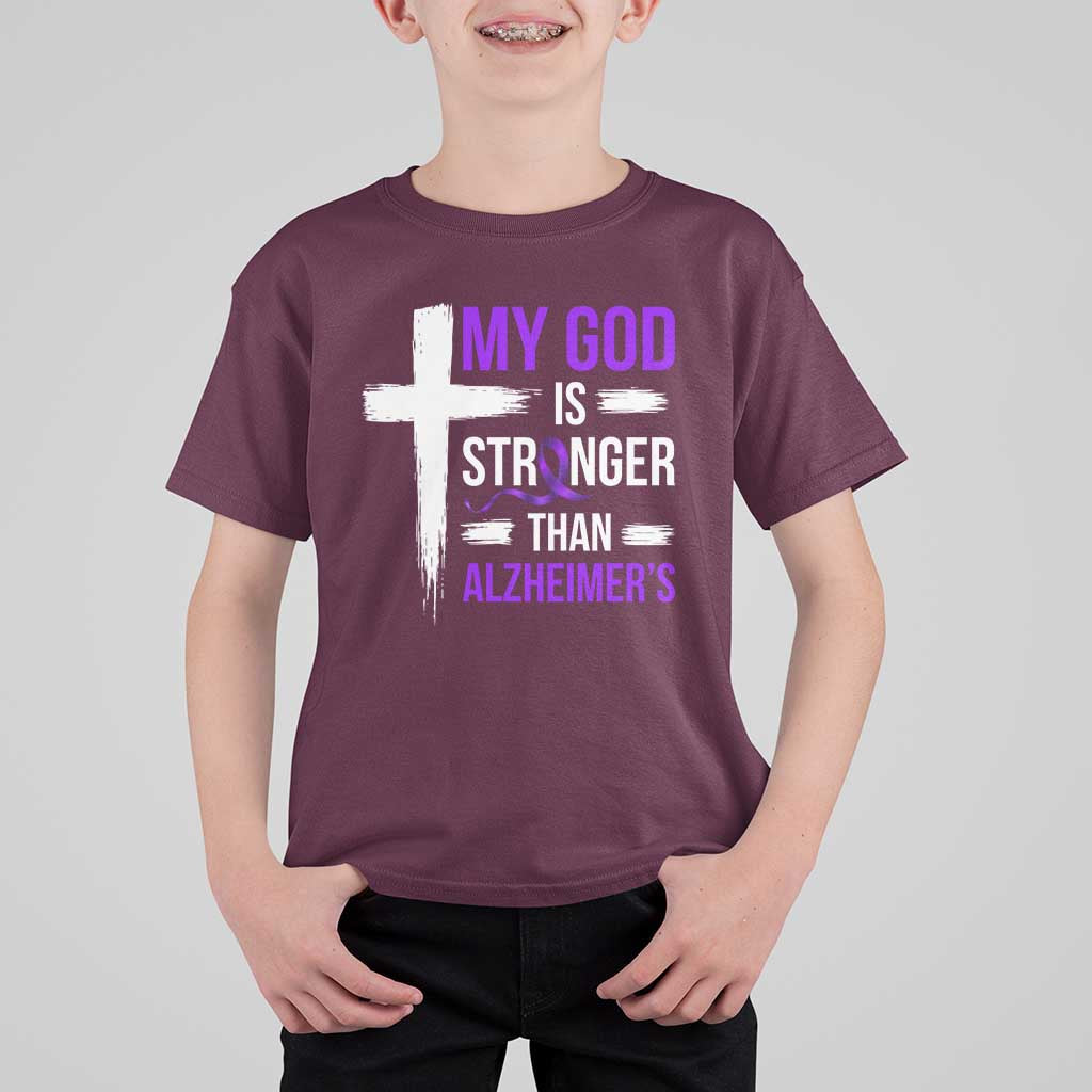 My God Is Stronger Than Alzheimers T Shirt For Kid Christian Purple Ribbon Faith Support
