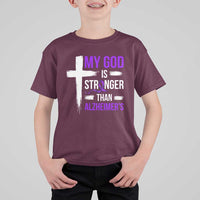 My God Is Stronger Than Alzheimers T Shirt For Kid Christian Purple Ribbon Faith Support