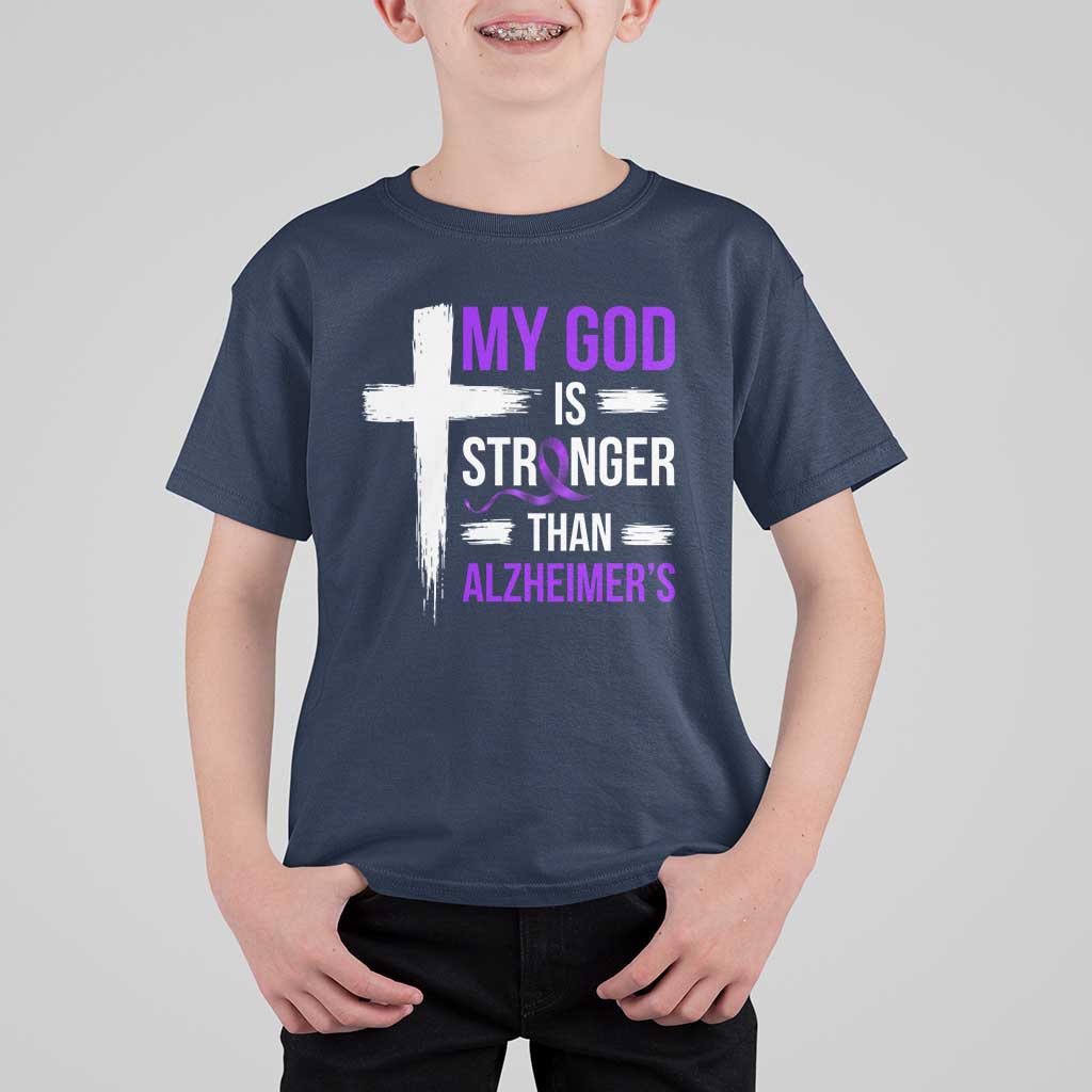 My God Is Stronger Than Alzheimers T Shirt For Kid Christian Purple Ribbon Faith Support