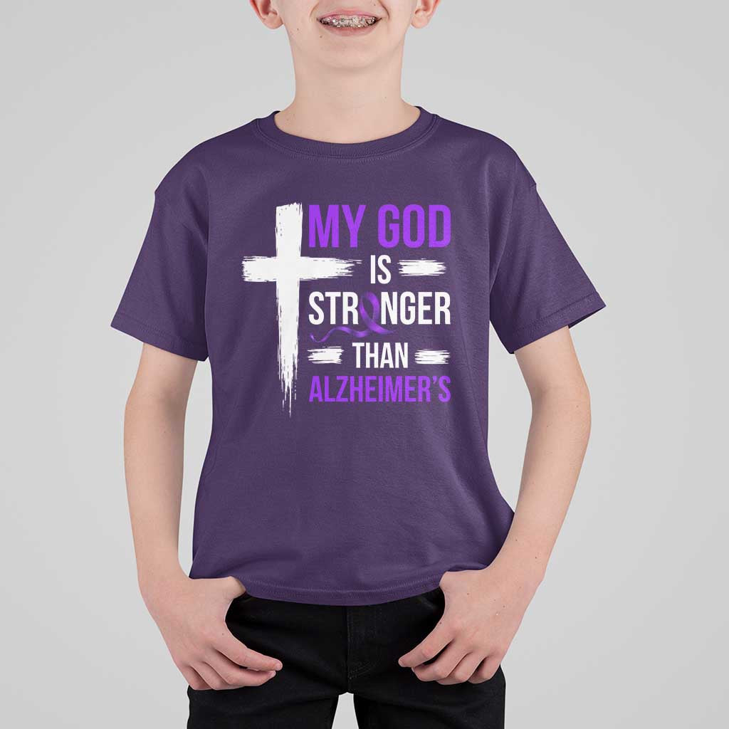 My God Is Stronger Than Alzheimers T Shirt For Kid Christian Purple Ribbon Faith Support