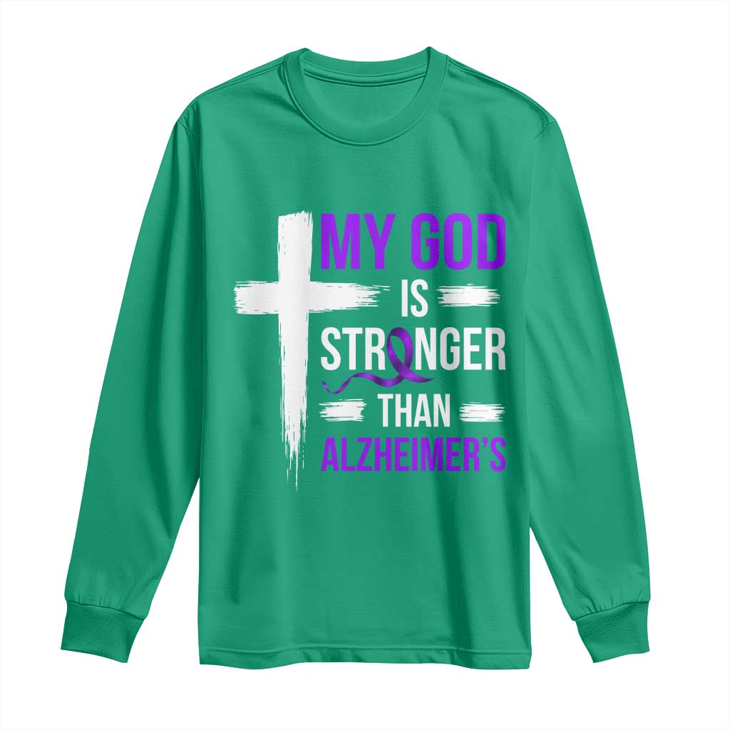 My God Is Stronger Than Alzheimers Long Sleeve Shirt Christian Purple Ribbon Faith Support