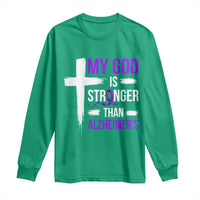 My God Is Stronger Than Alzheimers Long Sleeve Shirt Christian Purple Ribbon Faith Support