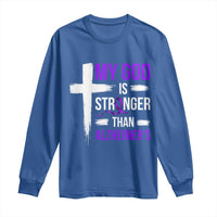 My God Is Stronger Than Alzheimers Long Sleeve Shirt Christian Purple Ribbon Faith Support