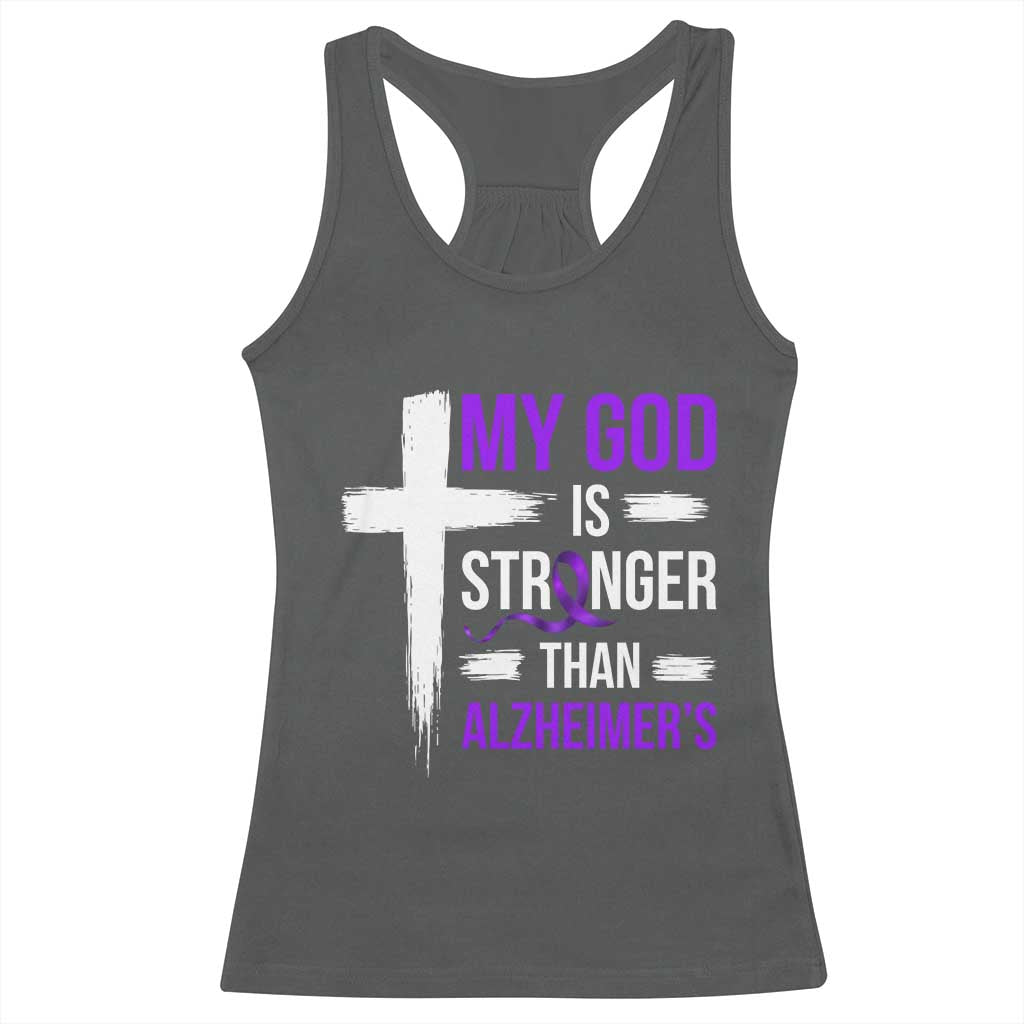 My God Is Stronger Than Alzheimers Racerback Tank Top Christian Purple Ribbon Faith Support