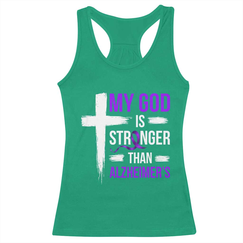My God Is Stronger Than Alzheimers Racerback Tank Top Christian Purple Ribbon Faith Support