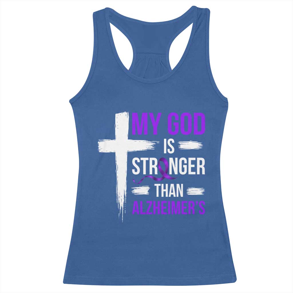 My God Is Stronger Than Alzheimers Racerback Tank Top Christian Purple Ribbon Faith Support