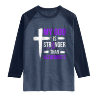 My God Is Stronger Than Alzheimers Raglan Shirt Christian Purple Ribbon Faith Support